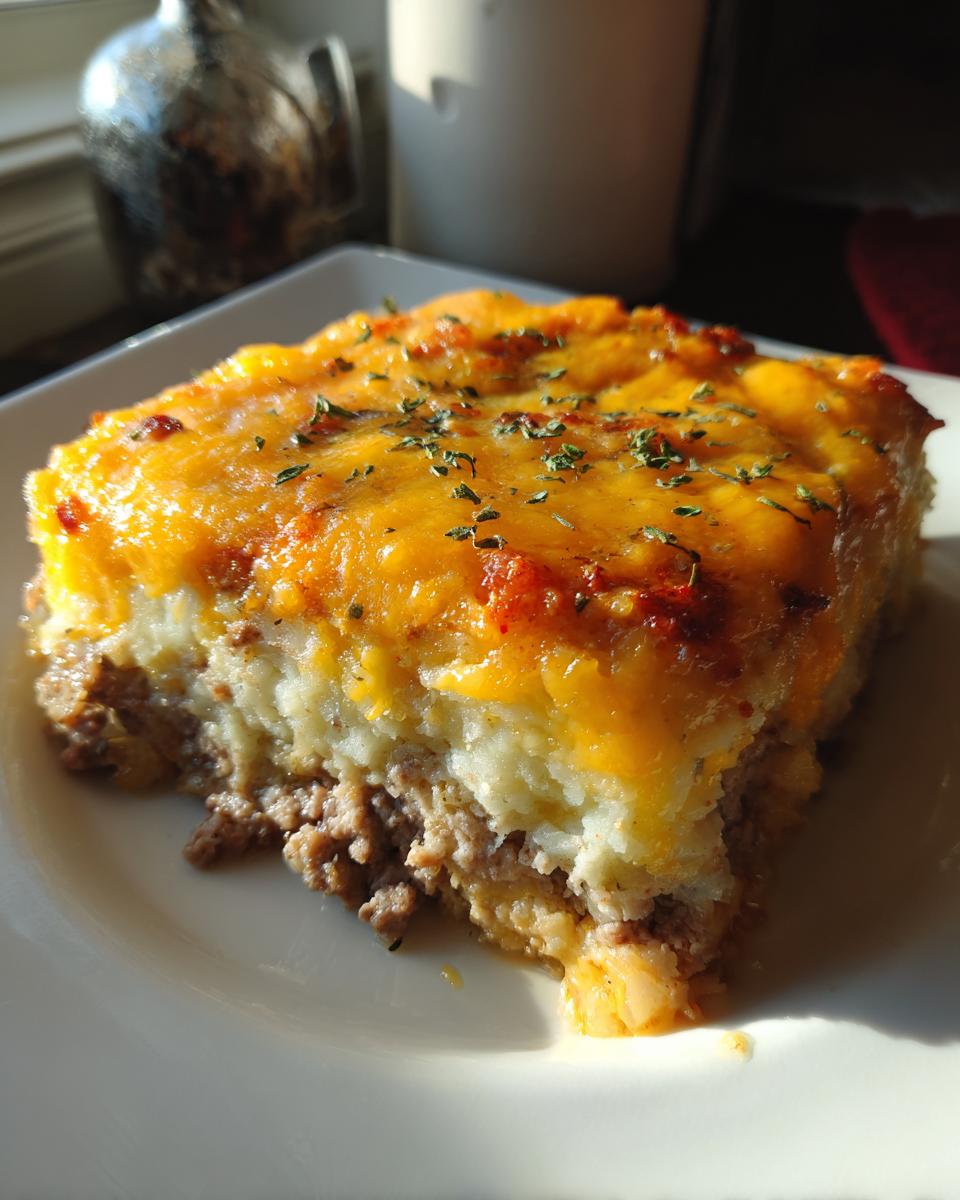 A hearty slice of cheesy loaded meatloaf casserole with a ground meat base and mashed potato topping.