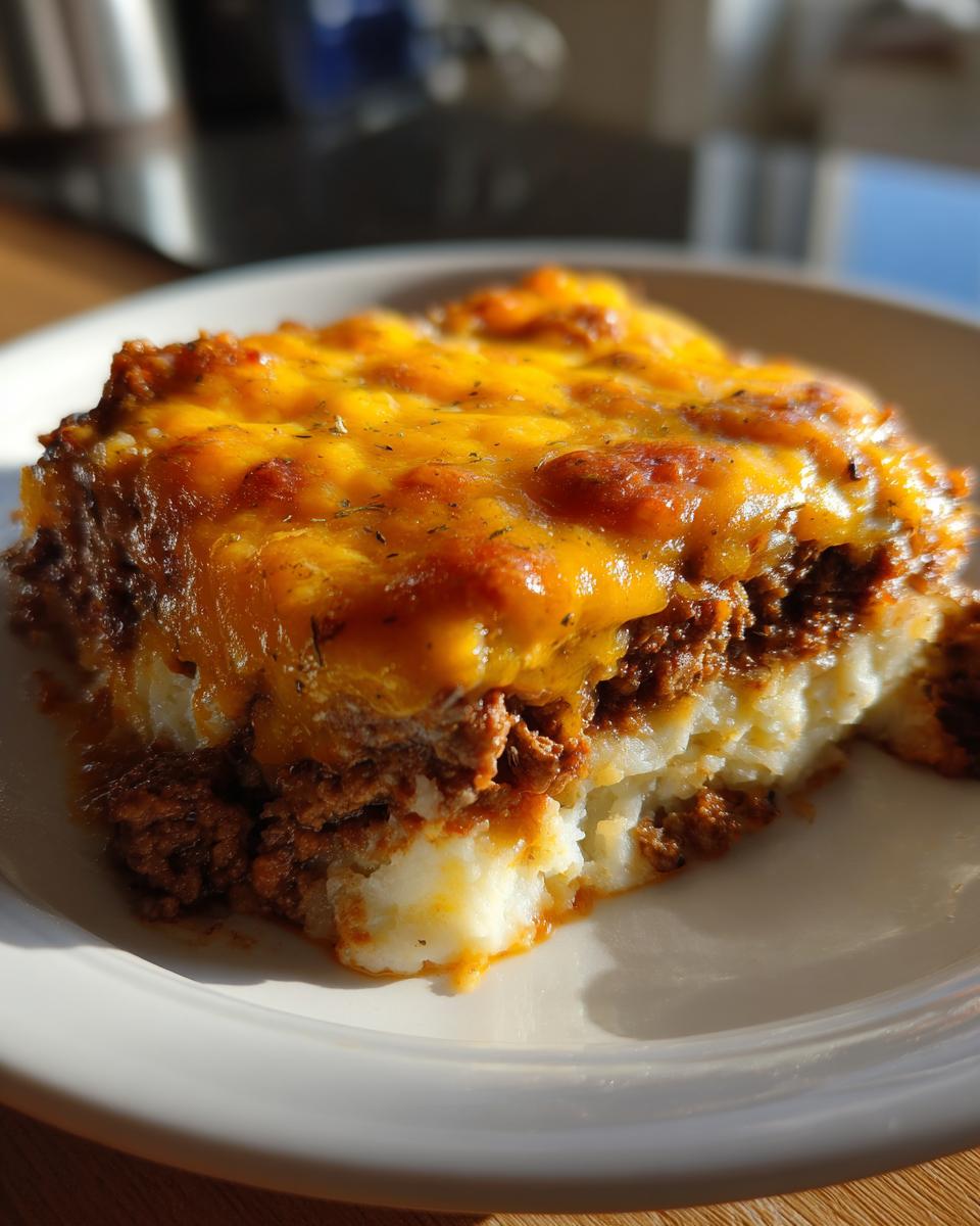 A close-up serving of cheesy loaded meatloaf casserole with a thick layer of melted cheddar cheese on top of mashed potatoes.