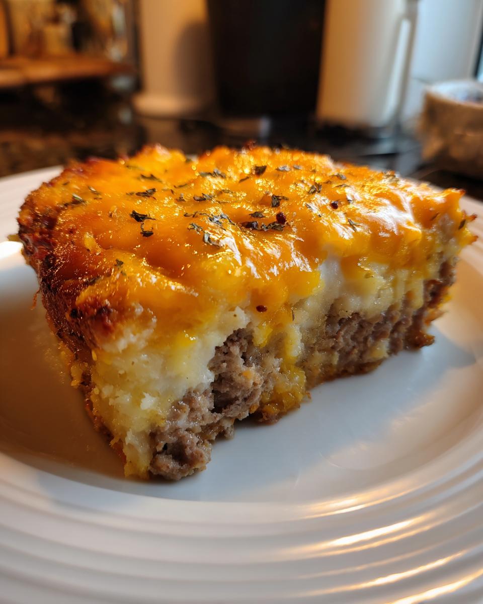 A close-up serving of cheesy loaded meatloaf casserole with a thick layer of melted cheddar cheese on top.