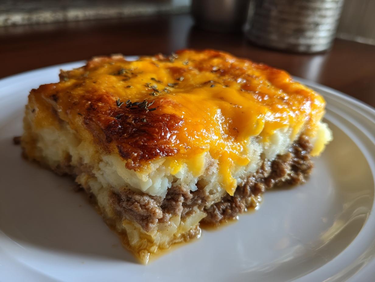 A hearty slice of cheesy loaded meatloaf casserole featuring a layer of ground meat topped with mashed potatoes and melted cheddar cheese.