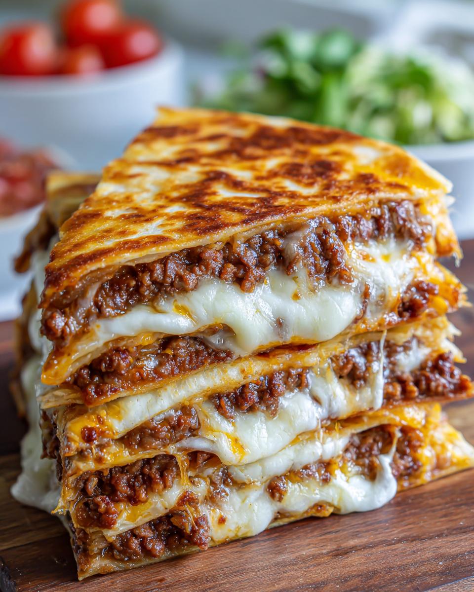 A tall stack of four golden-brown mexican pizza slices layered with seasoned ground beef and melted white cheese.