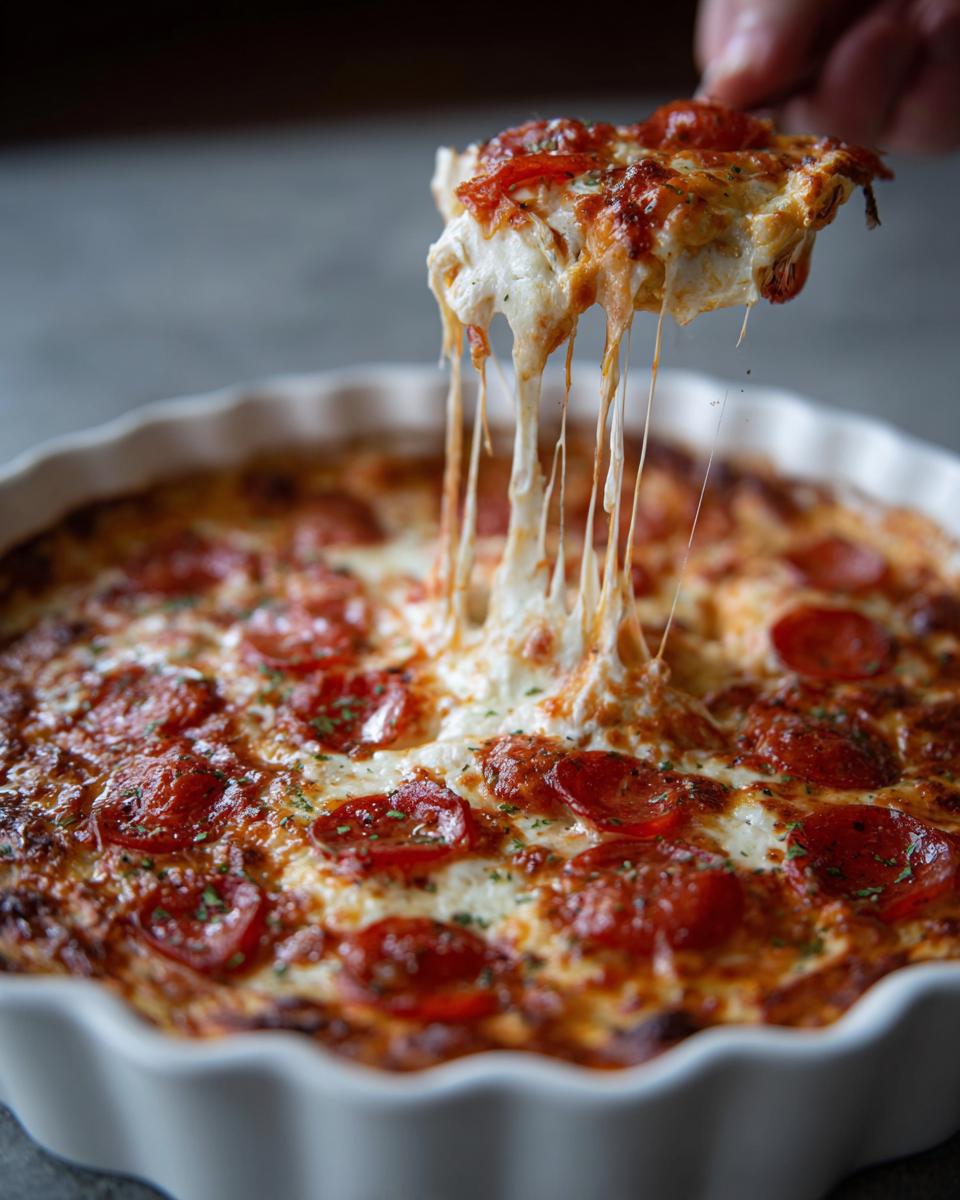 A scoop of hot, cheesy pepperoni pizza dip is lifted from the dish, showing long, dramatic cheese pulls.