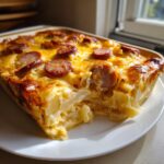 A portion of baked pierogi casserole topped with melted cheese and sliced, browned sausage, served on a white plate.