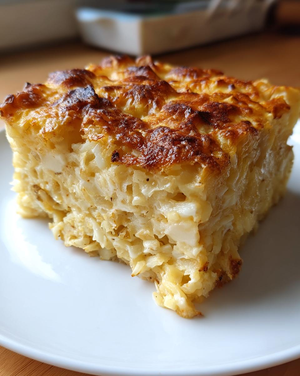 A square serving of cheesy potato casserole with a golden brown, baked top, served on a white plate.
