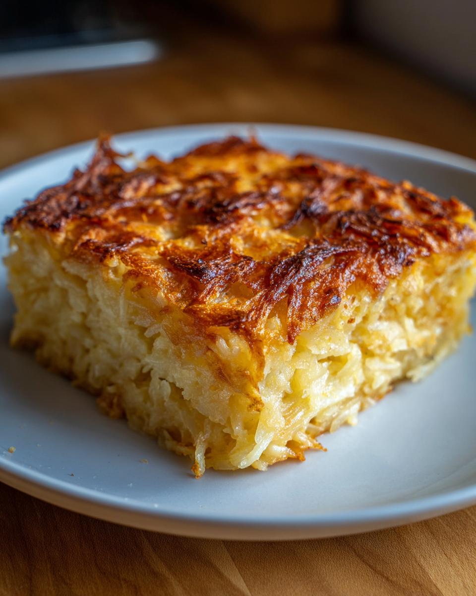 A square serving of cheesy potato casserole with a golden brown, crispy shredded potato top.