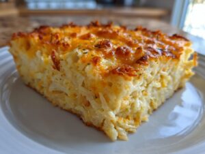 A close-up of a thick slice of cheesy potato casserole featuring shredded potatoes and a golden-brown, bubbly cheese crust.