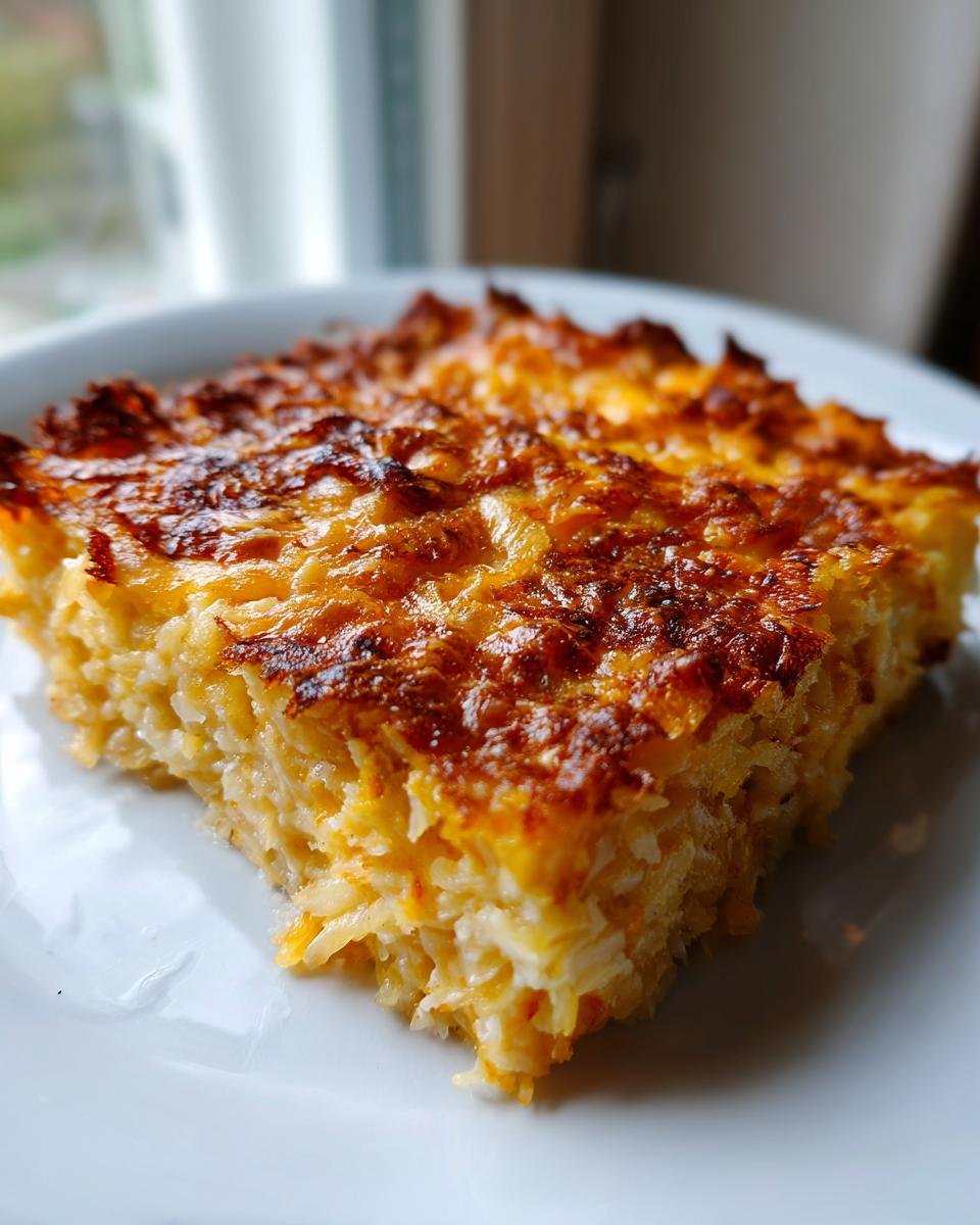 A close-up of a square slice of cheesy potato casserole with a deeply browned, crispy cheese topping.