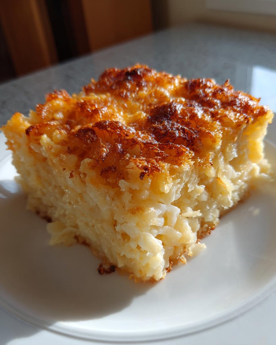 A square serving of cheesy potato casserole with a beautifully browned, crispy top layer.