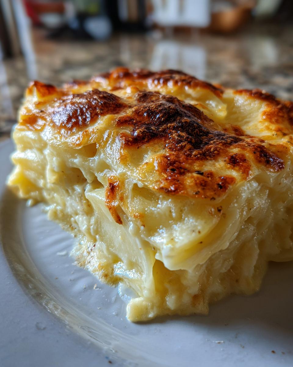 Close-up of a rich, cheesy slice of scalloped potatoes with a deeply browned and bubbly top crust.