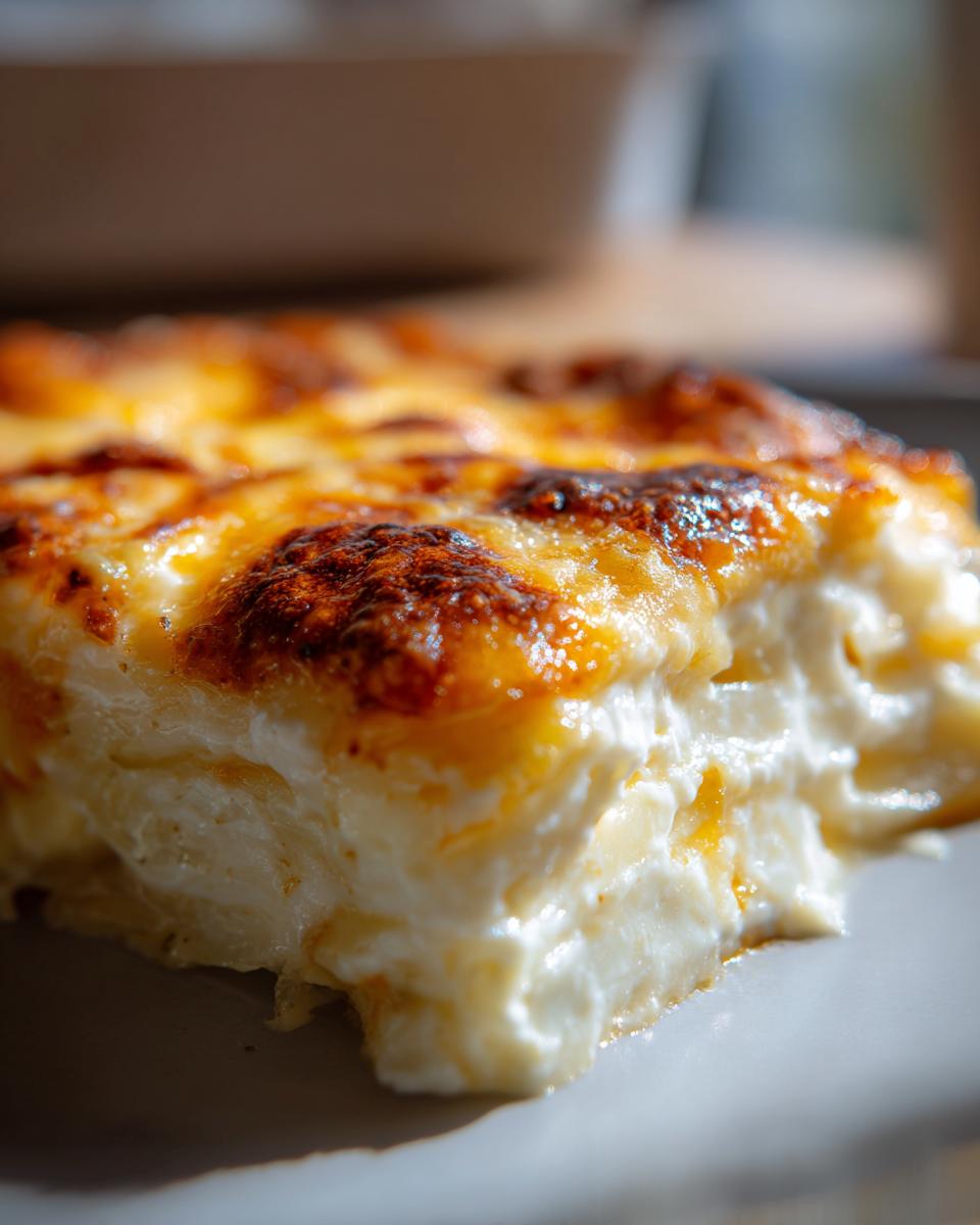 Close-up of a creamy, cheesy slice of scalloped potatoes with a golden-brown, bubbly top crust.