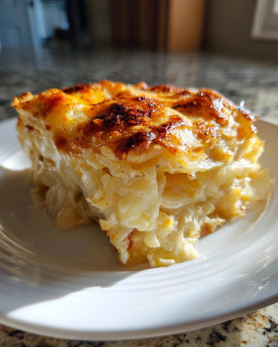 A thick, cheesy slice of scalloped potatoes with a beautifully browned and bubbly top, served on a white plate.
