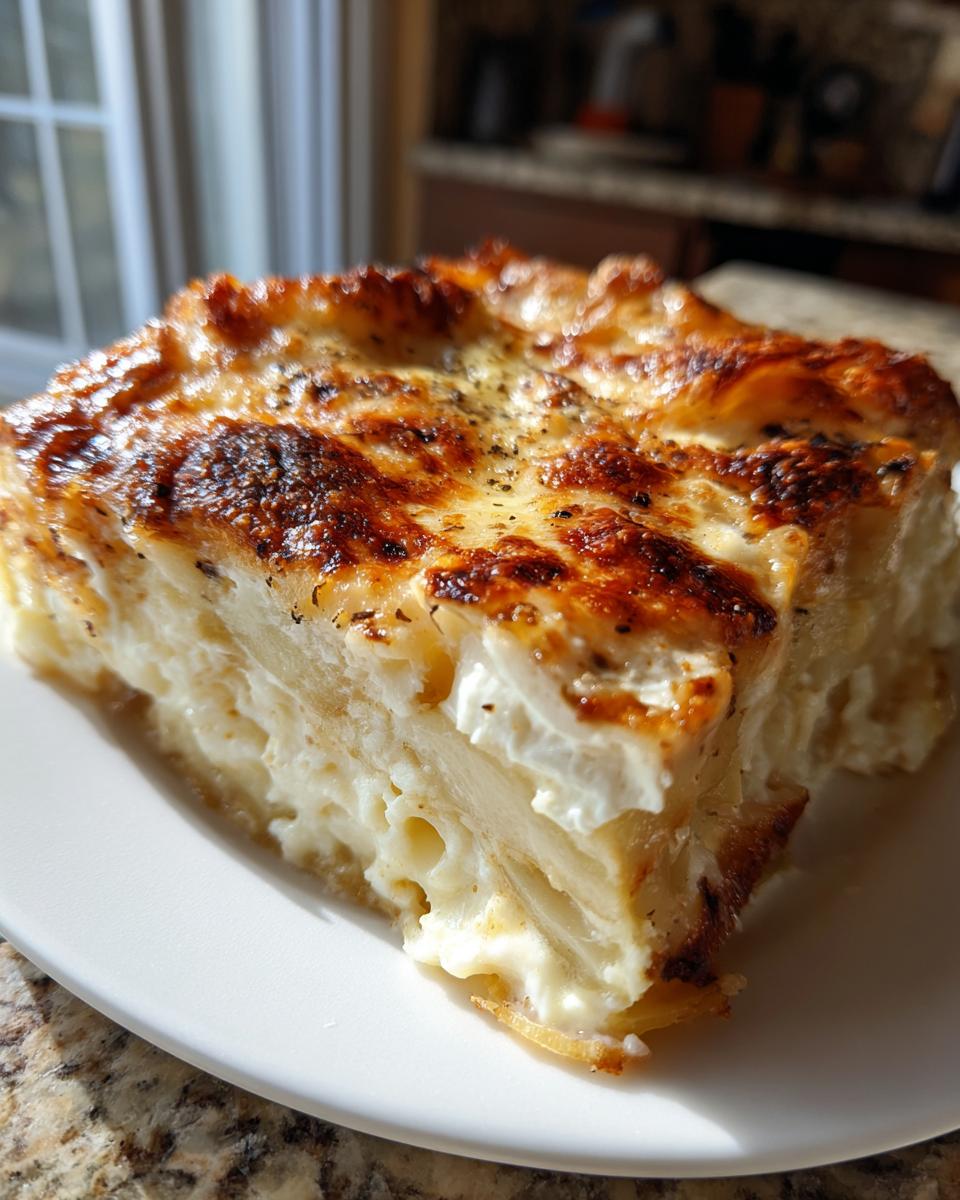 A thick, cheesy slice of scalloped potatoes with a beautifully browned and bubbling top crust.