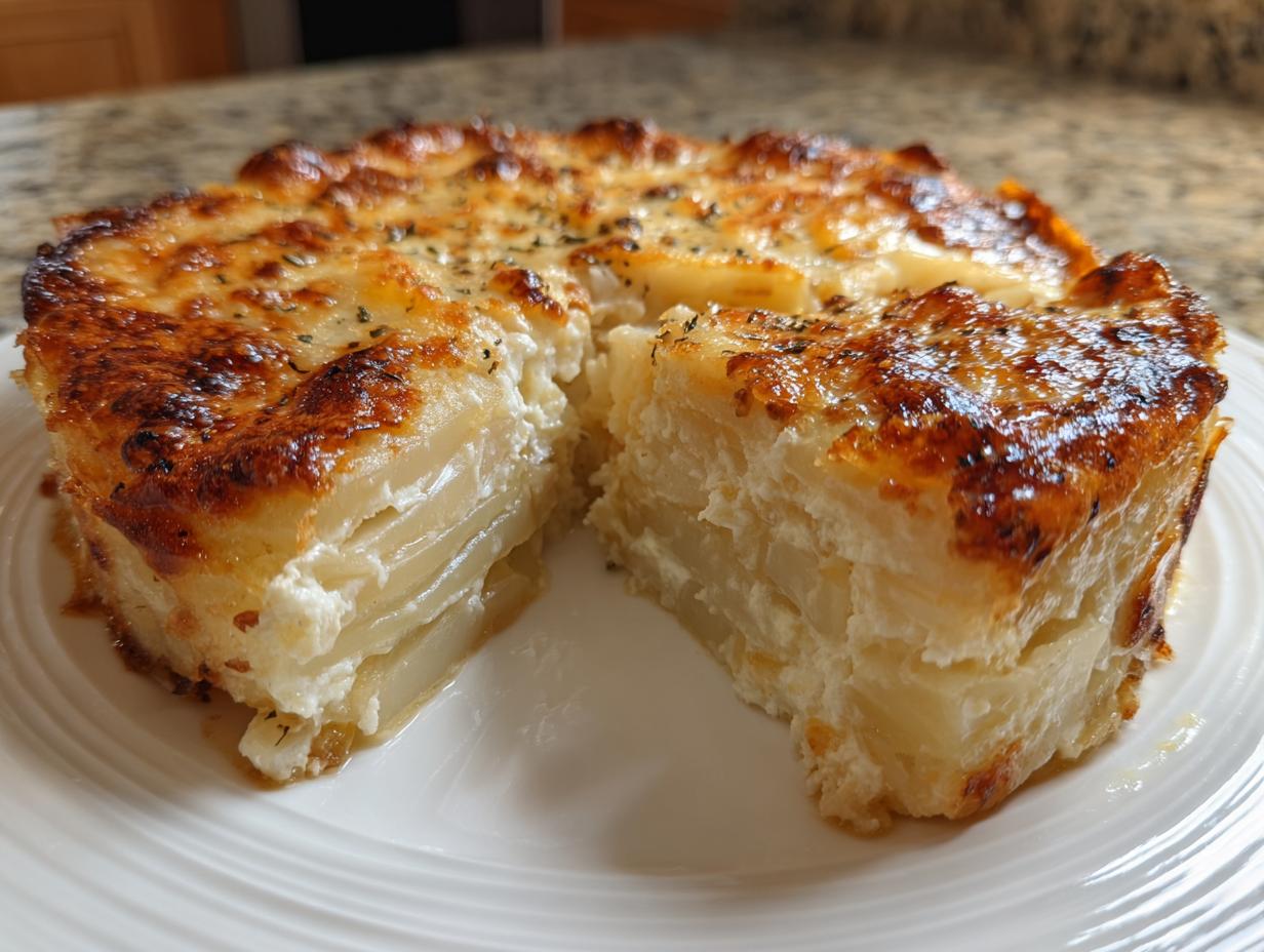 A serving of cheesy scalloped potatoes showing layered potatoes and a deeply browned, cheesy top crust.