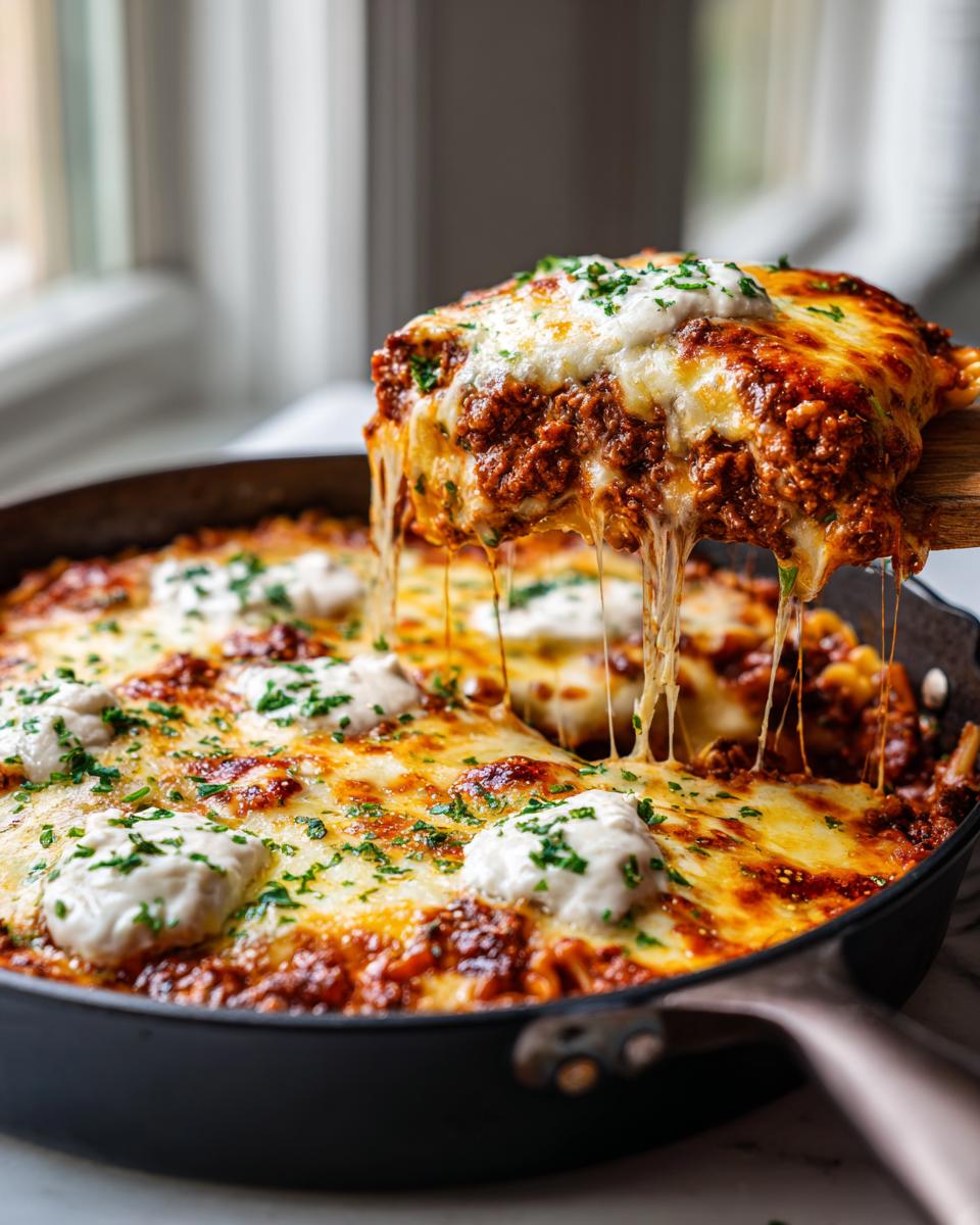 A serving of cheesy skillet lasagna being lifted from the pan, showing long cheese pulls and meat sauce.