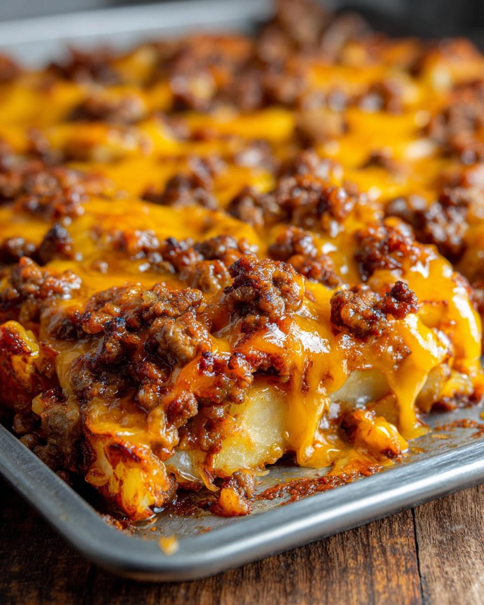 Melted cheese and seasoned ground beef topping Cheesy Taco Potatoes baked on a metal sheet pan.