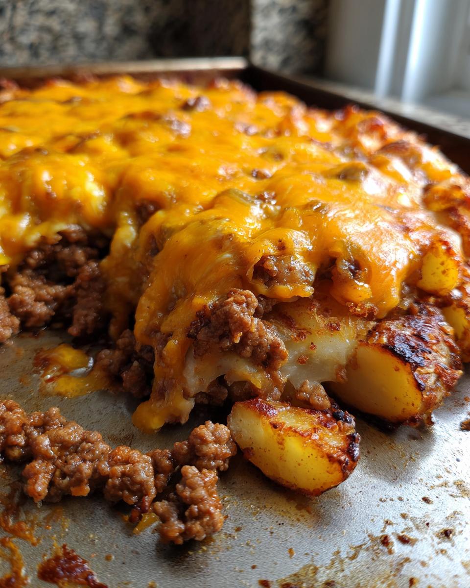 A close-up of Cheesy Taco Potatoes baked in a sheet pan, featuring browned potatoes topped with seasoned ground beef and melted cheddar cheese.