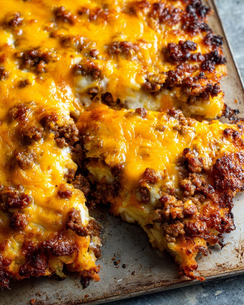 A close-up view of Cheesy Taco Potatoes baked in a pan, featuring melted cheddar cheese and seasoned ground meat topping over potatoes.
