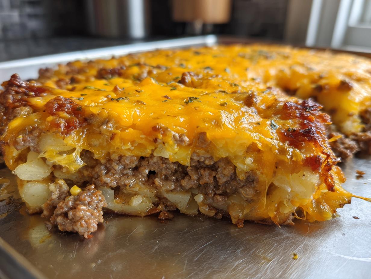 A close-up cross-section of Cheesy Taco Potatoes showing layers of seasoned ground beef, potatoes, and a thick layer of melted cheddar cheese.