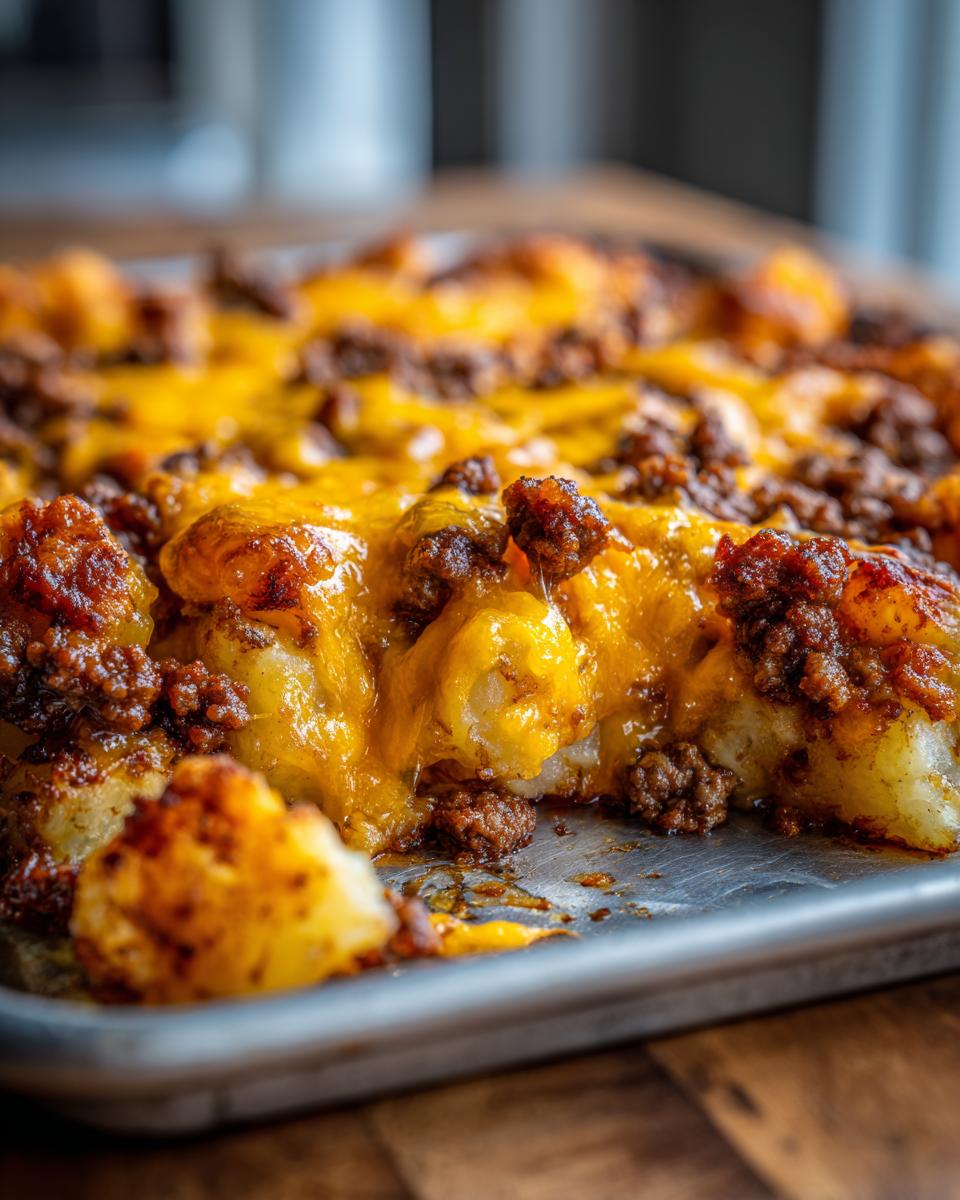 Close-up of bubbling, melted cheddar cheese over seasoned ground beef and potatoes in a baking sheet, showcasing Cheesy Taco Potatoes.