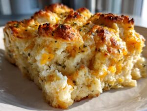 A close-up of a fluffy, golden-brown serving of chicken cobbler topped with melted cheddar cheese and herbs.