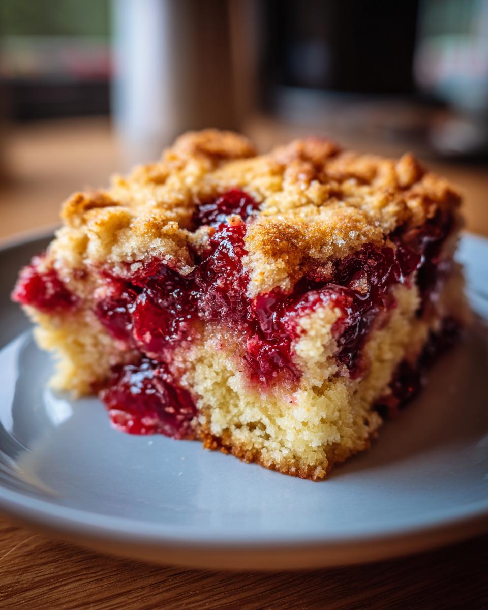 Close-up of a square slice of cherry dump cake showing moist yellow cake, bright red cherry filling, and crumbly topping.