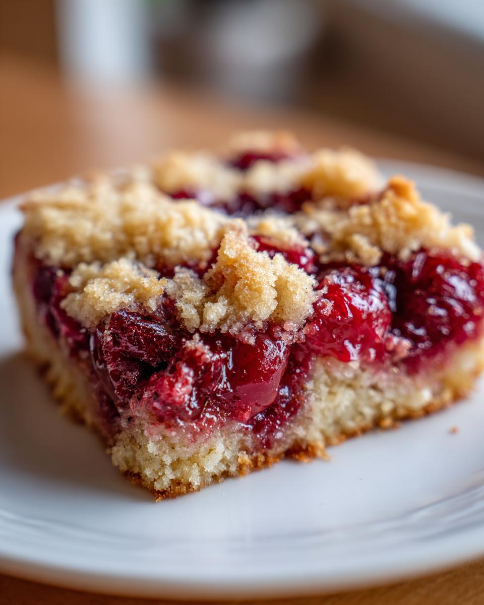 Close-up of a square slice of cherry dump cake with a crumbly topping on a white plate.