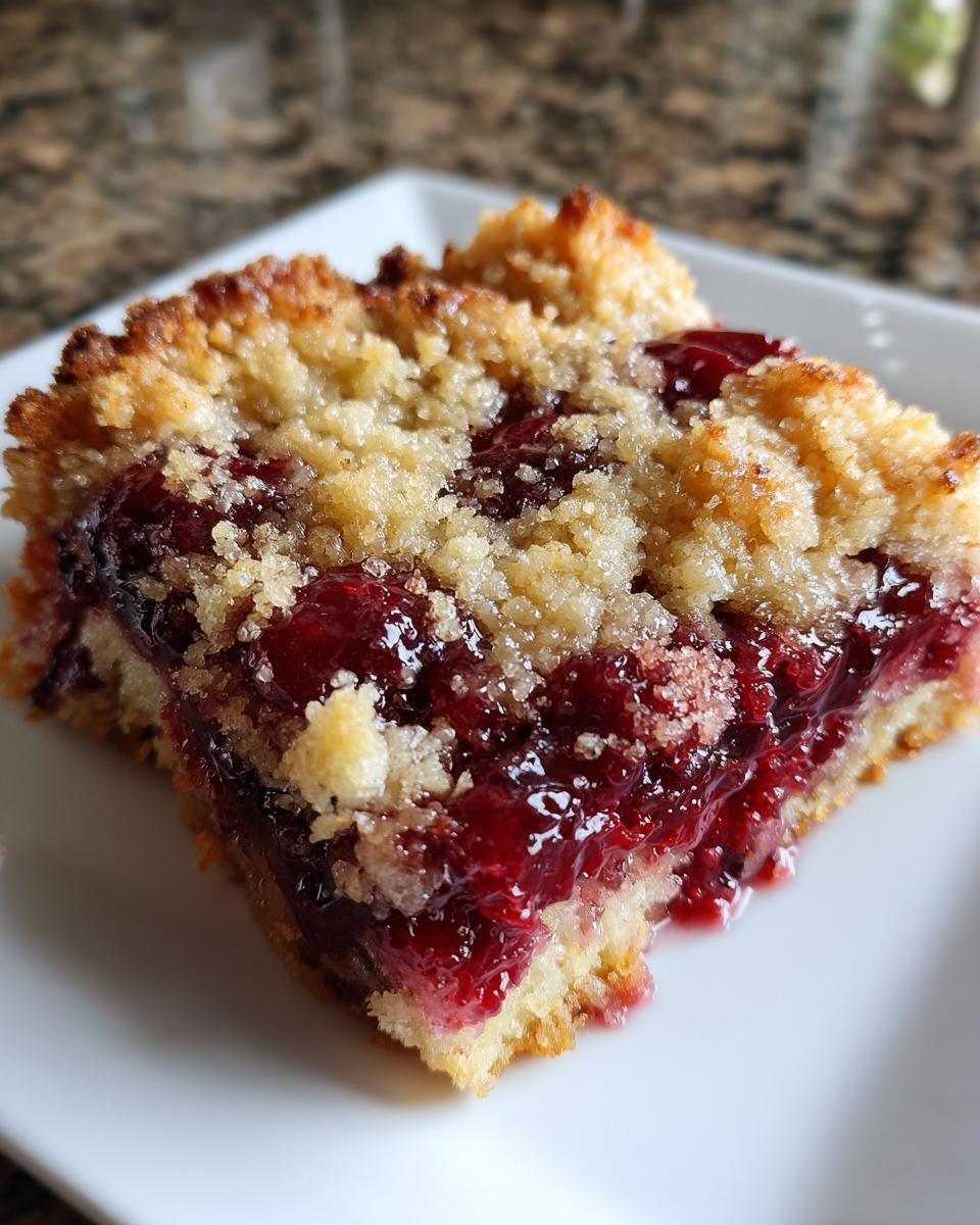A close-up of a square serving of cherry dump cake with a crumbly topping on a white plate.
