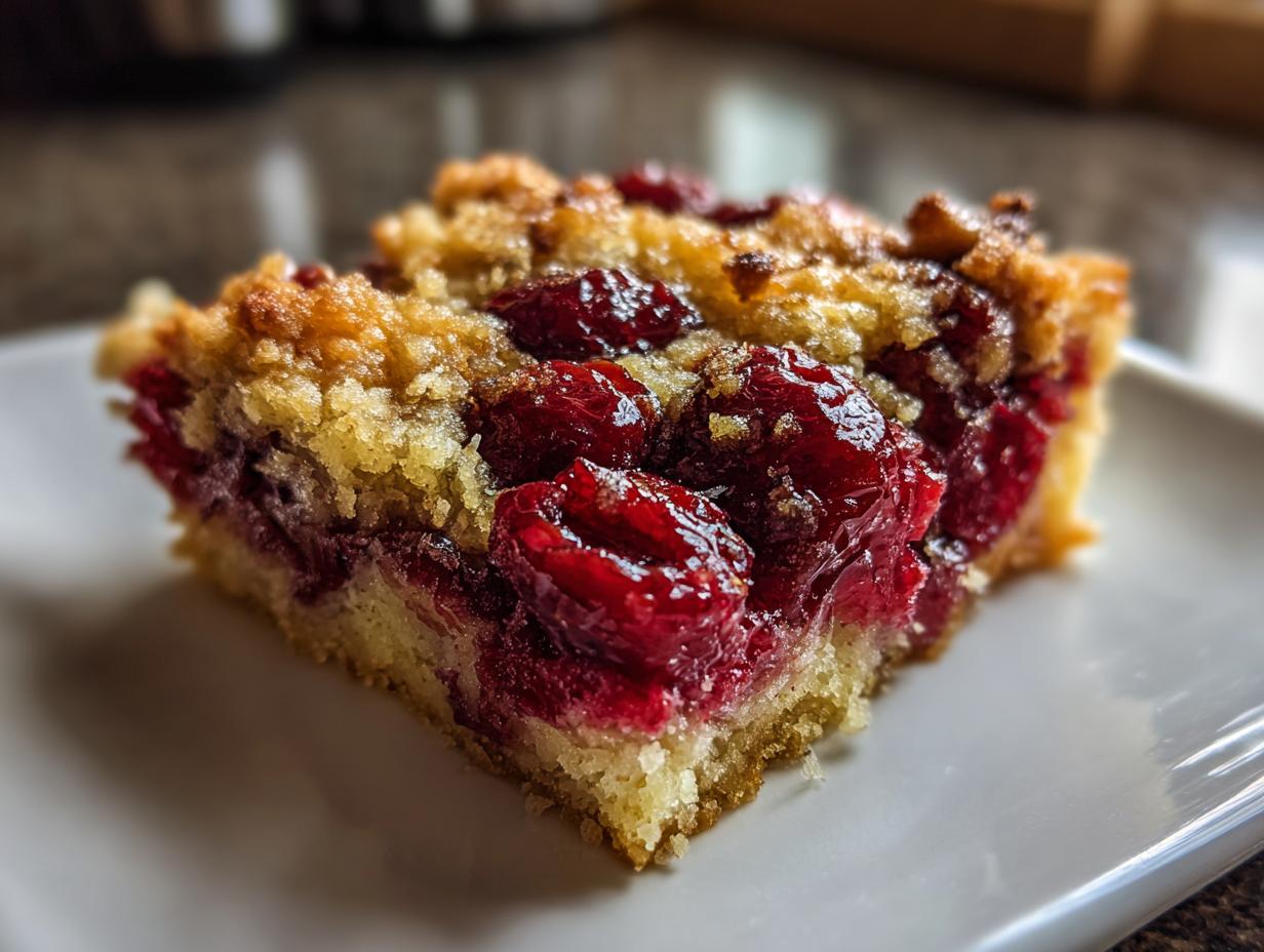 Close-up of a square slice of moist cherry dump cake showing bright red cherries and a crumbly topping.