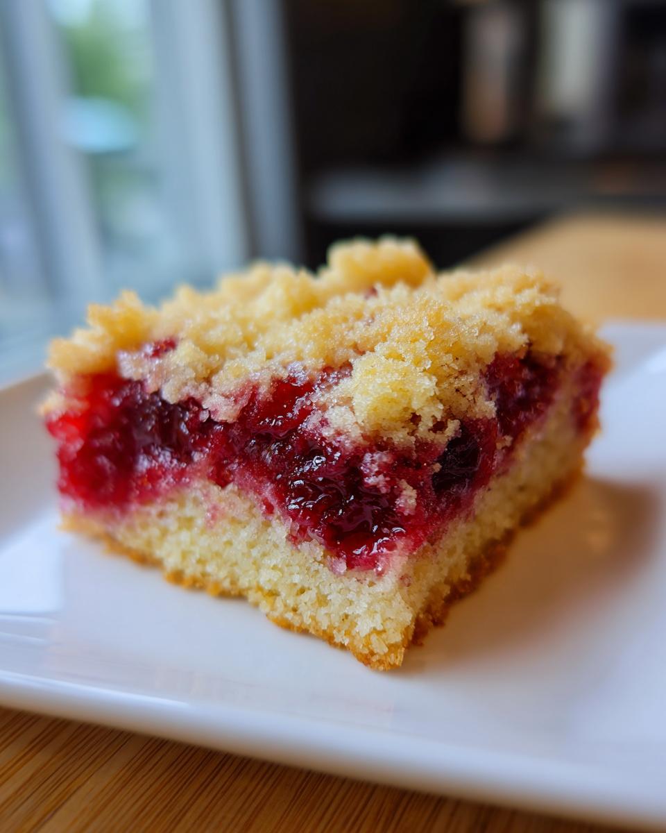 A close-up of a square slice of cherry dump cake showing the bright red cherry filling and crumb topping.
