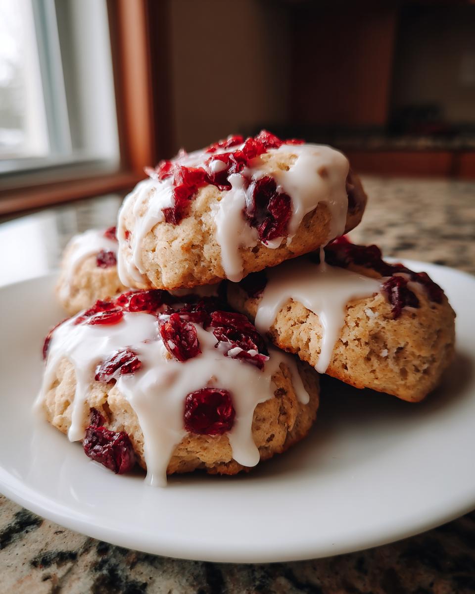 A stack of chewy cranberry orange cookies topped with thick white icing and dried cranberries.