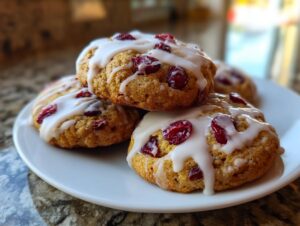A stack of three chewy cranberry orange cookies topped with a thick white citrus glaze and dried cranberries.