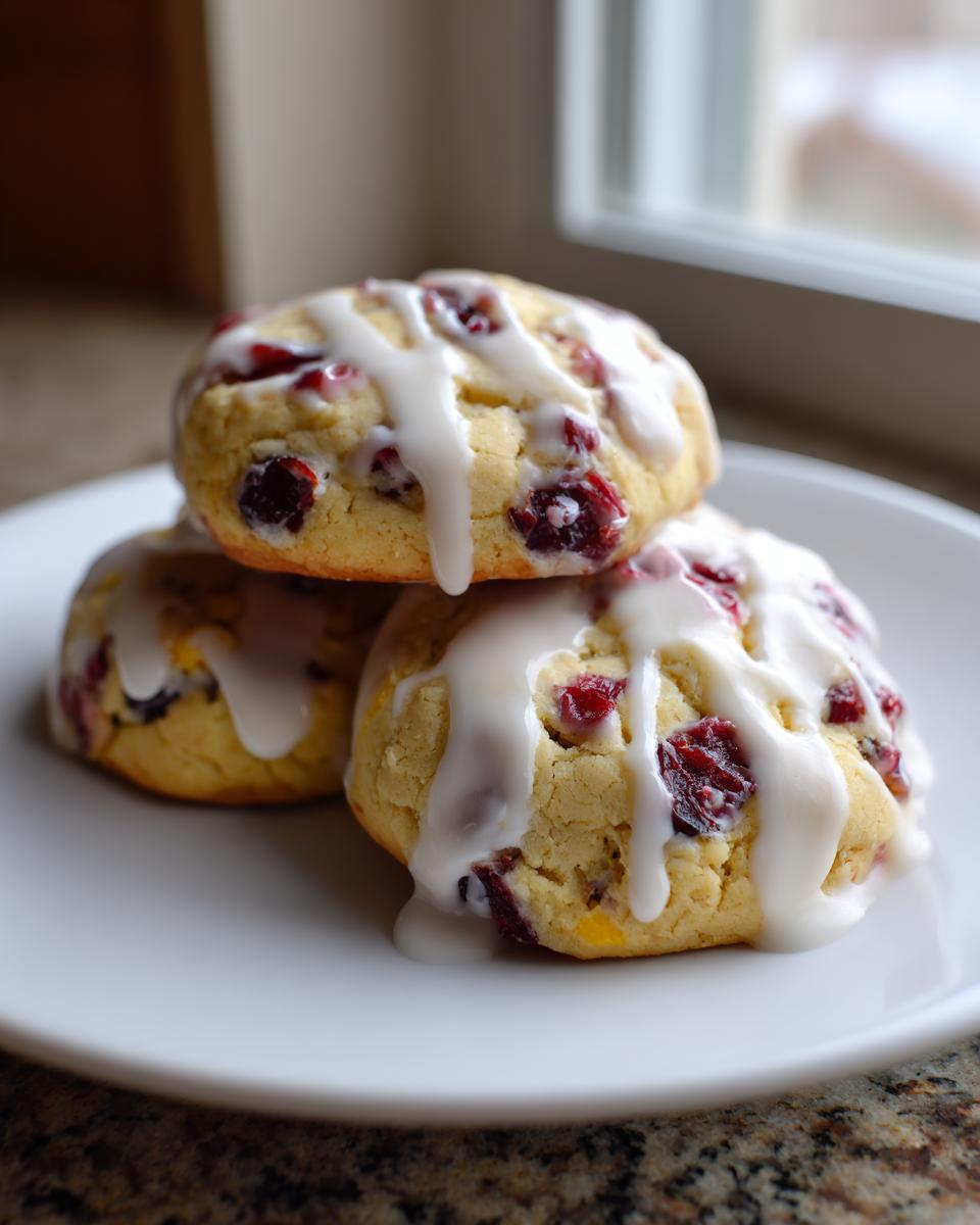 A stack of three chewy cranberry orange cookies drizzled generously with white vanilla icing.