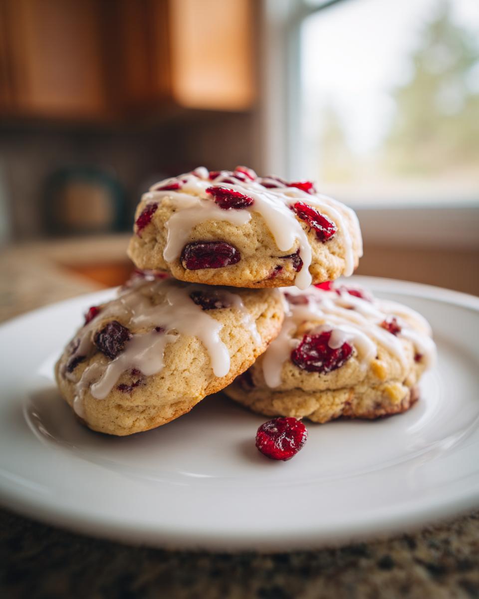 Three chewy cranberry orange cookies stacked on a white plate, drizzled with white glaze and topped with dried cranberries.