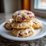 A stack of three chewy cranberry orange cookies drizzled with white icing on a white plate.