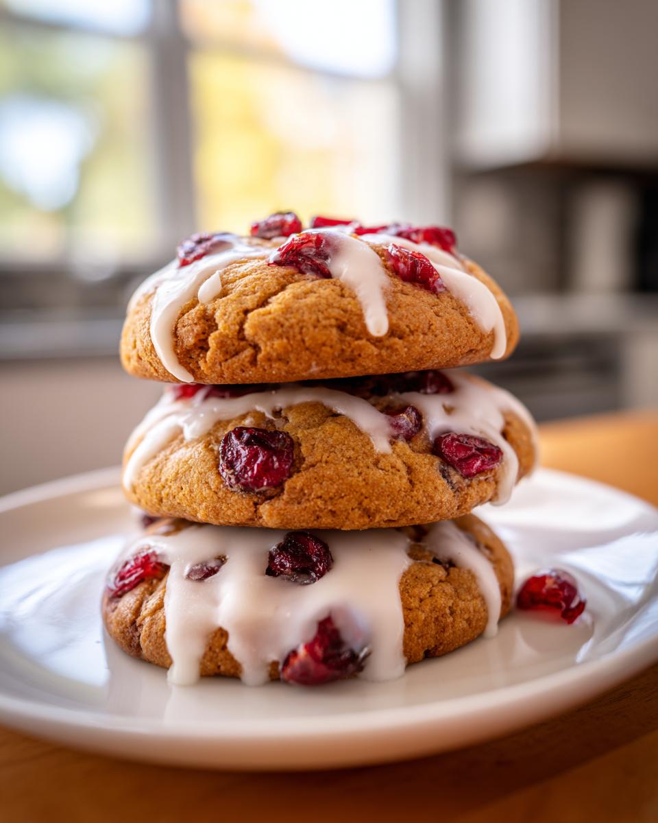 A stack of three chewy cranberry orange cookies topped with white glaze and dried cranberries.