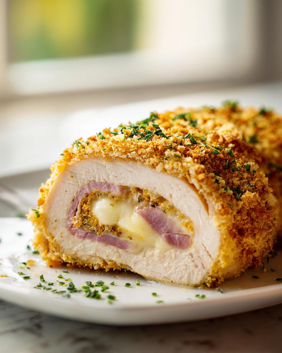 A close-up of a sliced chicken cordon bleu showing melted cheese, ham, and a crispy breadcrumb coating.