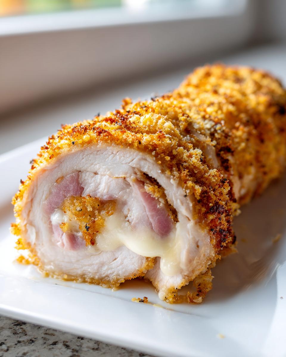 Close-up of sliced chicken cordon bleu showing crispy breading, ham, and melted cheese oozing out.