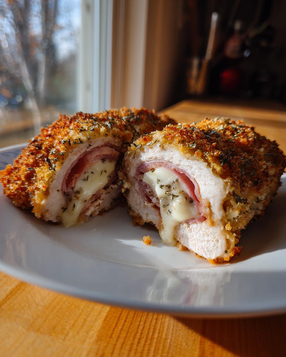 Cross-section of crispy, breaded chicken cordon bleu showing melted cheese and ham filling oozing out.