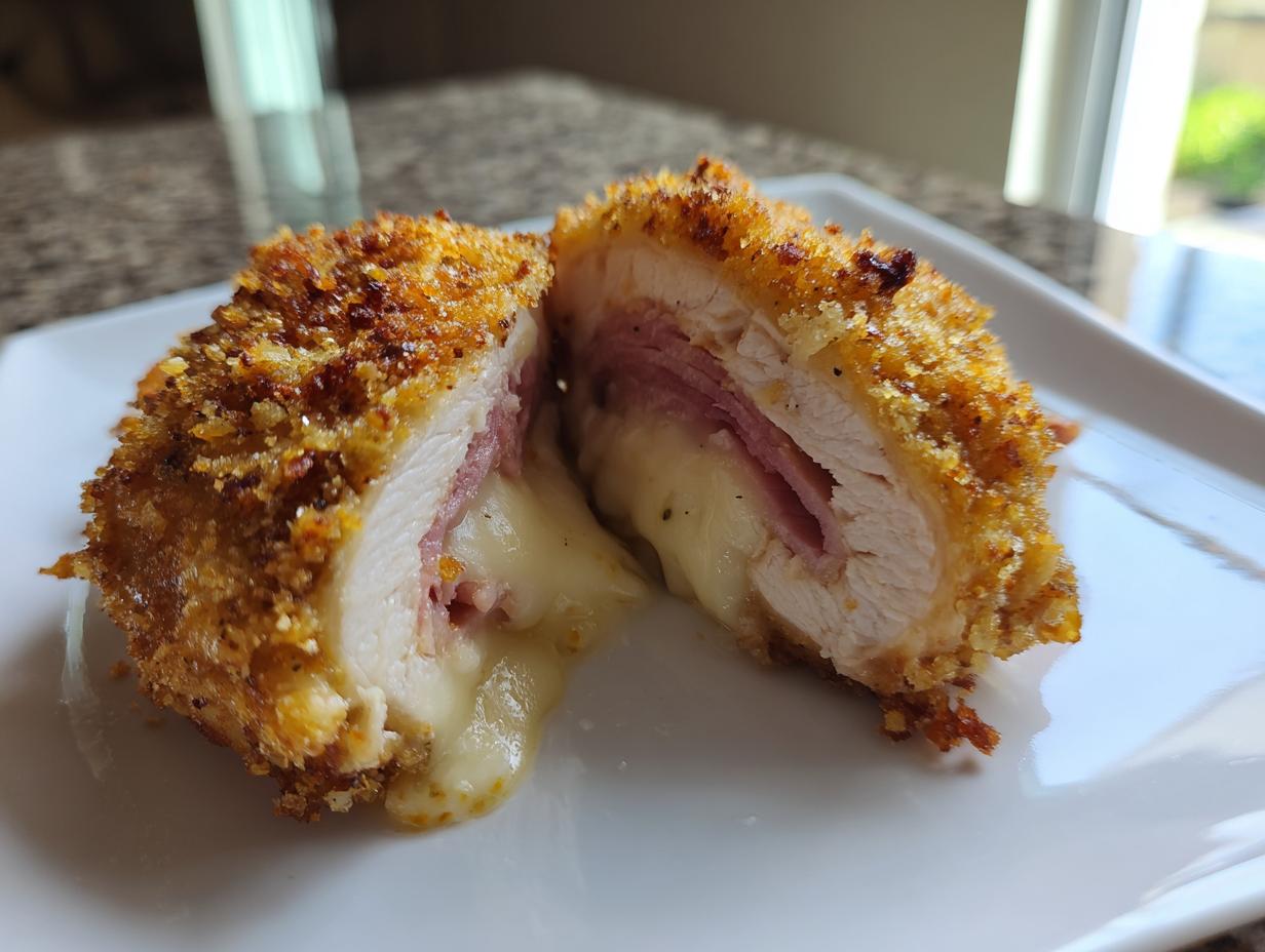 Cross-section of golden-brown, breaded chicken cordon bleu showing melted cheese and ham filling.