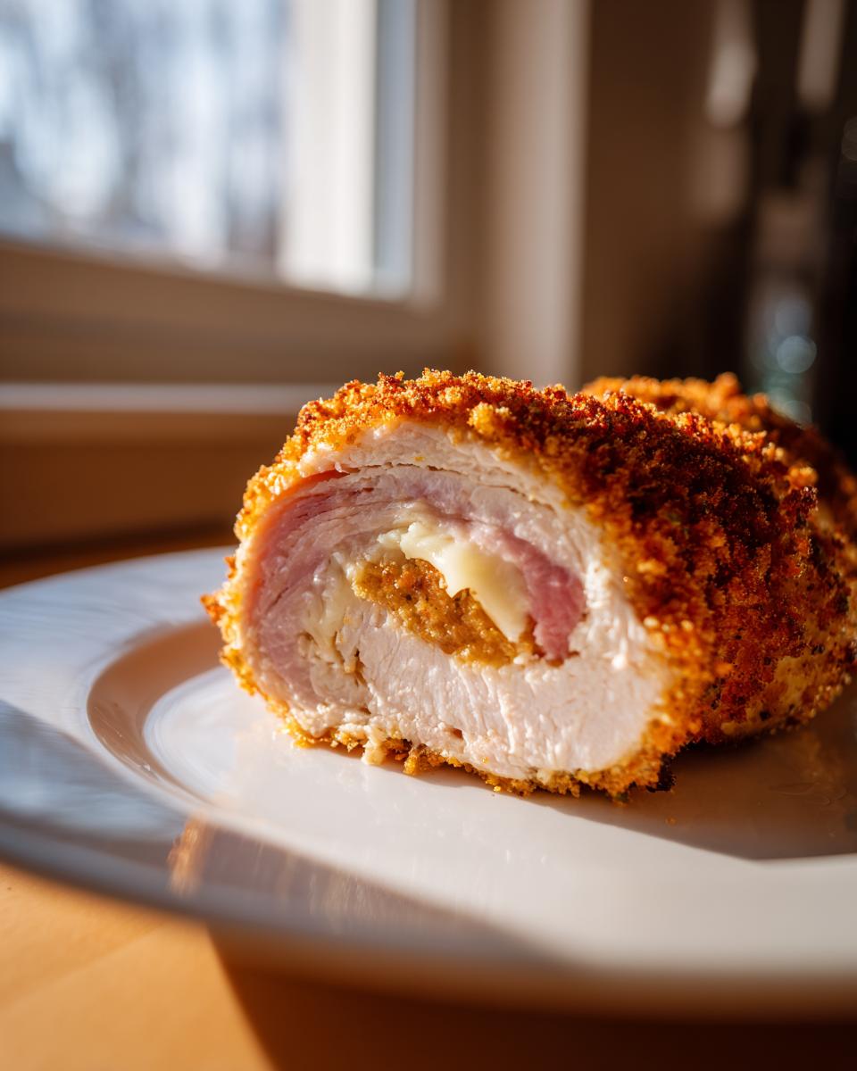 A cross-section view of a golden, crispy chicken cordon bleu roll showing layers of chicken, ham, cheese, and stuffing.