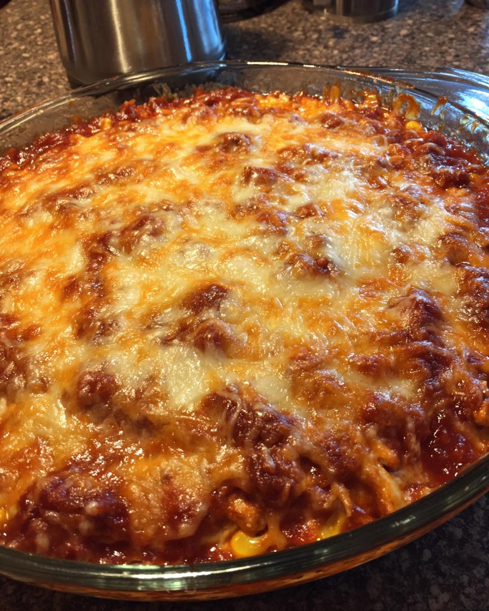 Close-up of hot chicken enchilada dip bubbling in a glass dish, topped with melted, browned cheese.