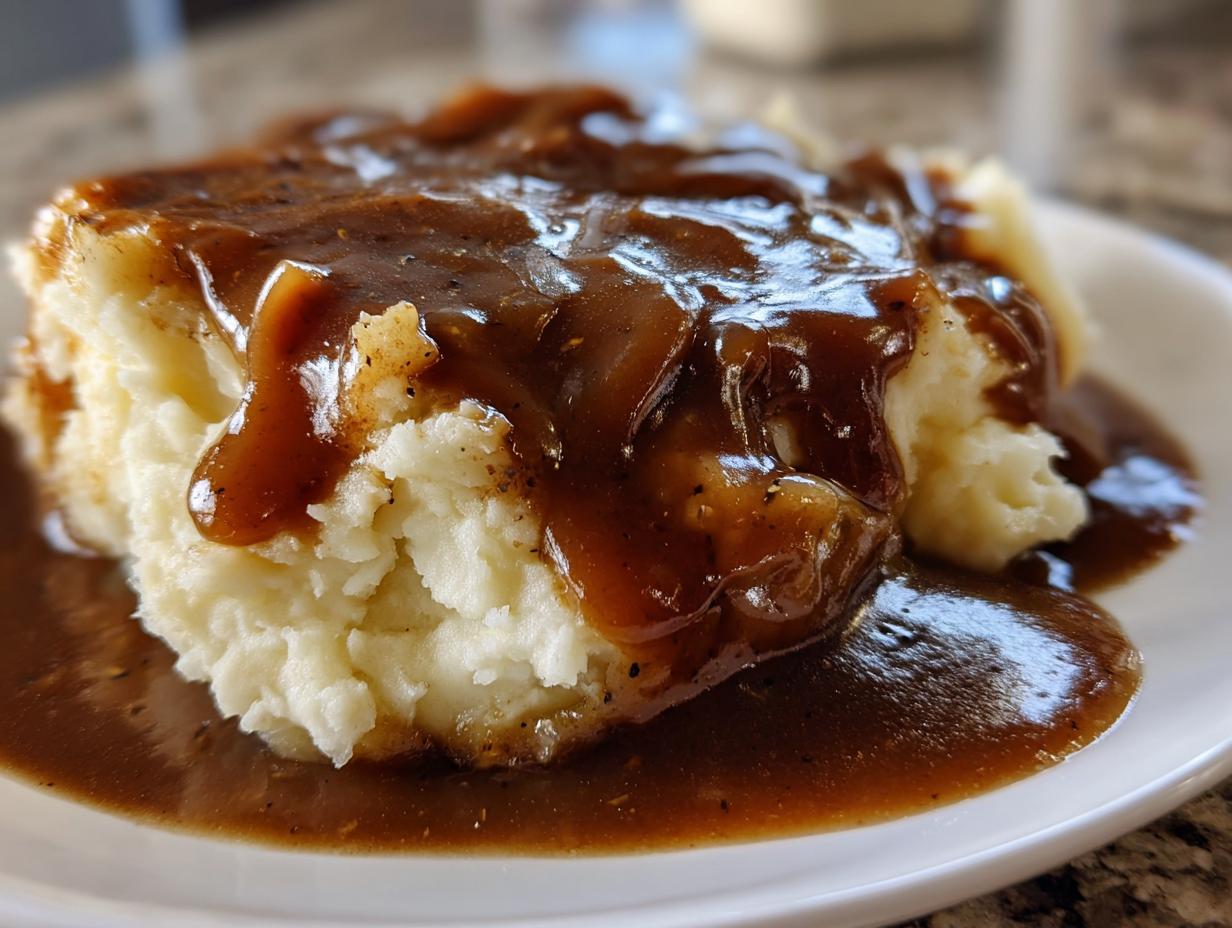 Close-up of creamy mashed potatoes generously topped with rich, dark chicken gravy.