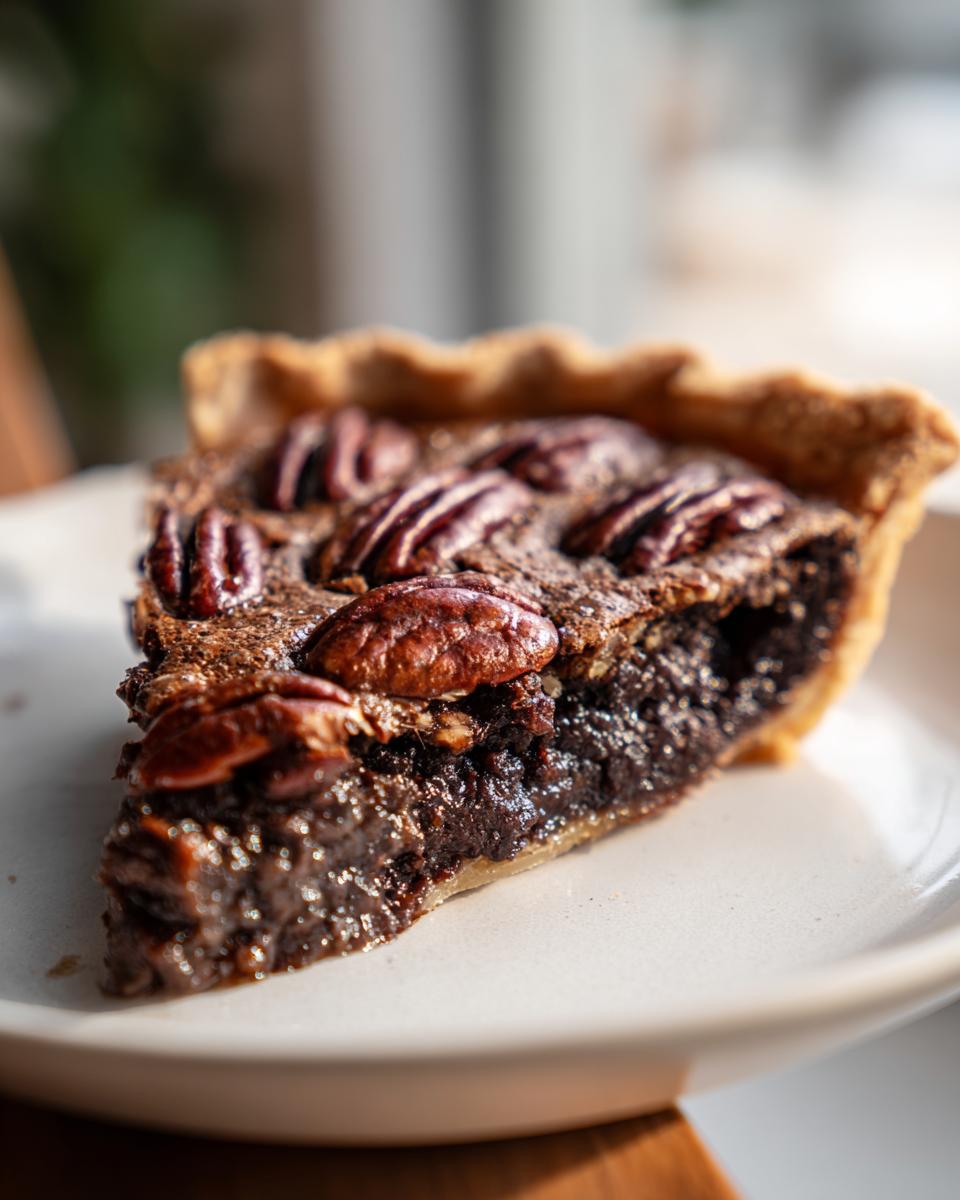 Close-up of a rich slice of chocolate bourbon pecan pie, featuring a gooey dark filling and whole pecans on top.
