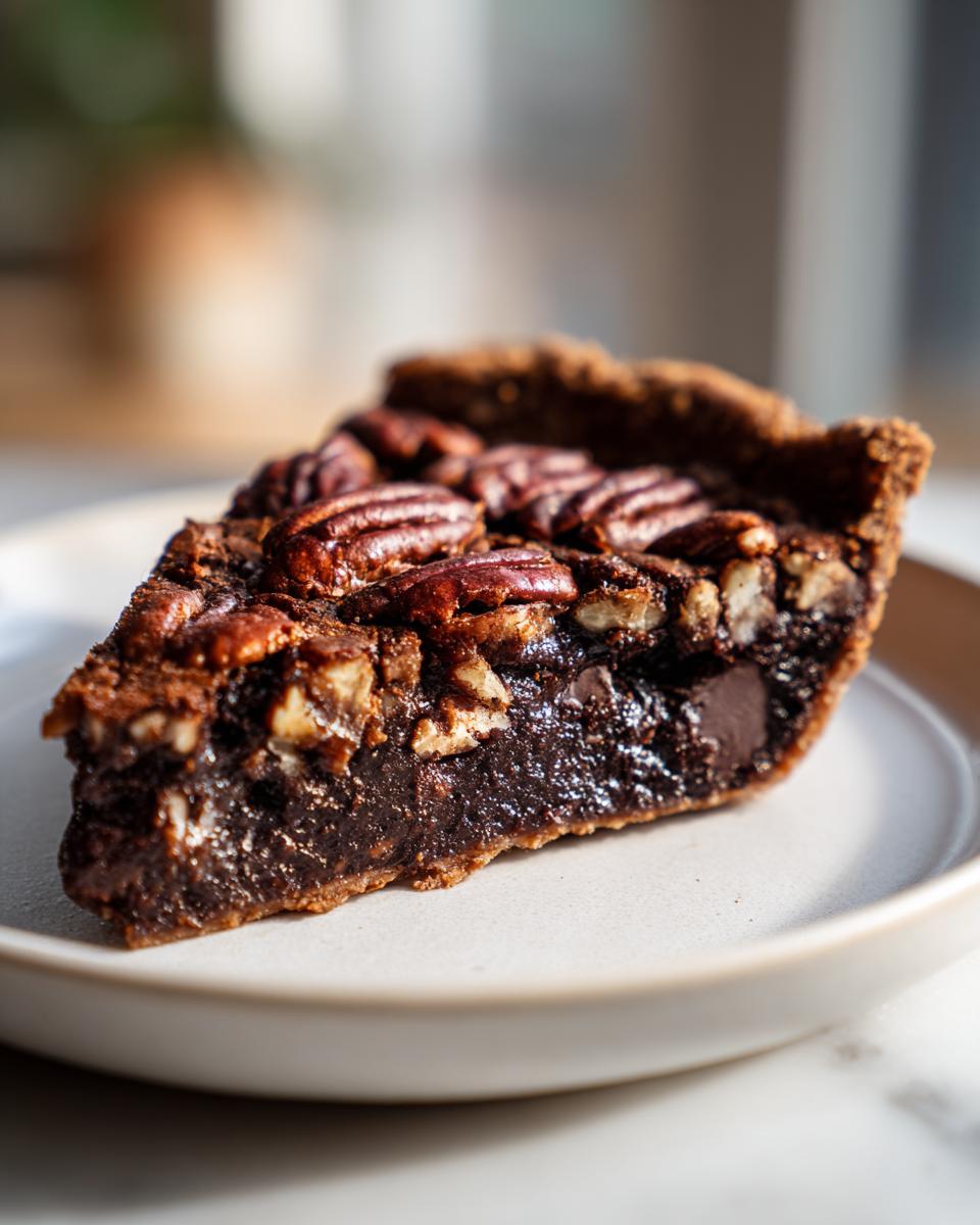 A close-up of a rich slice of chocolate bourbon pecan pie showing the gooey filling and whole pecans on top.