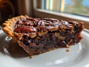 Close-up of a rich slice of chocolate bourbon pecan pie showing the gooey filling and whole pecans on top, served on a white plate.