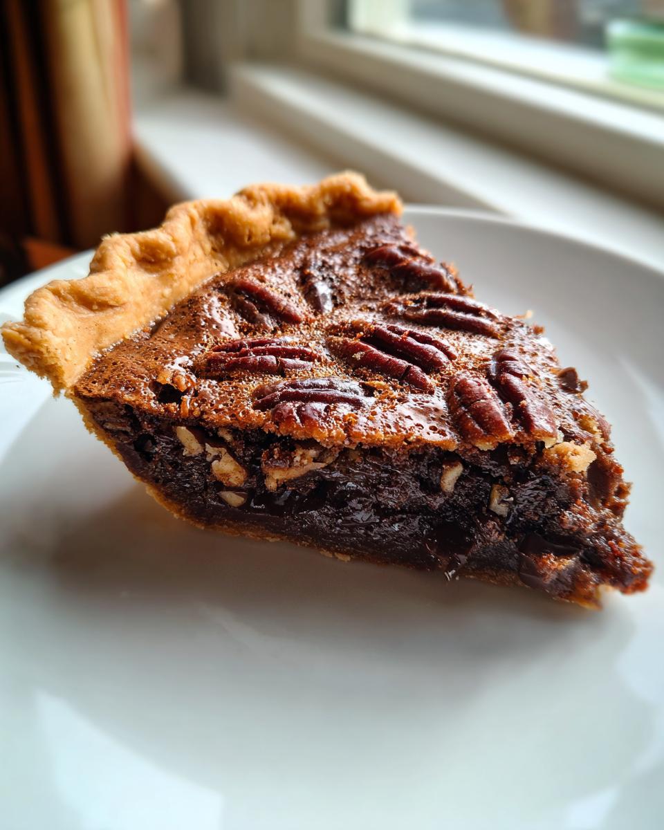 A close-up shot of a rich slice of chocolate bourbon pecan pie on a white plate, showing the gooey filling and pecan topping.