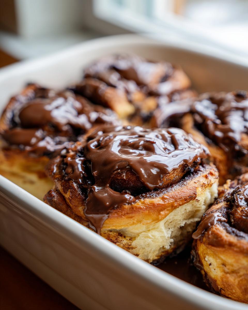 Close-up of several gooey chocolate cinnamon rolls baked together in a white dish, topped with rich chocolate glaze.