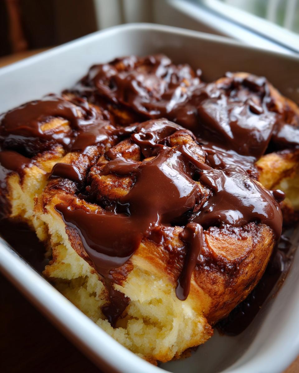 Close-up of several rich chocolate cinnamon rolls dripping with thick chocolate glaze in a white baking dish.