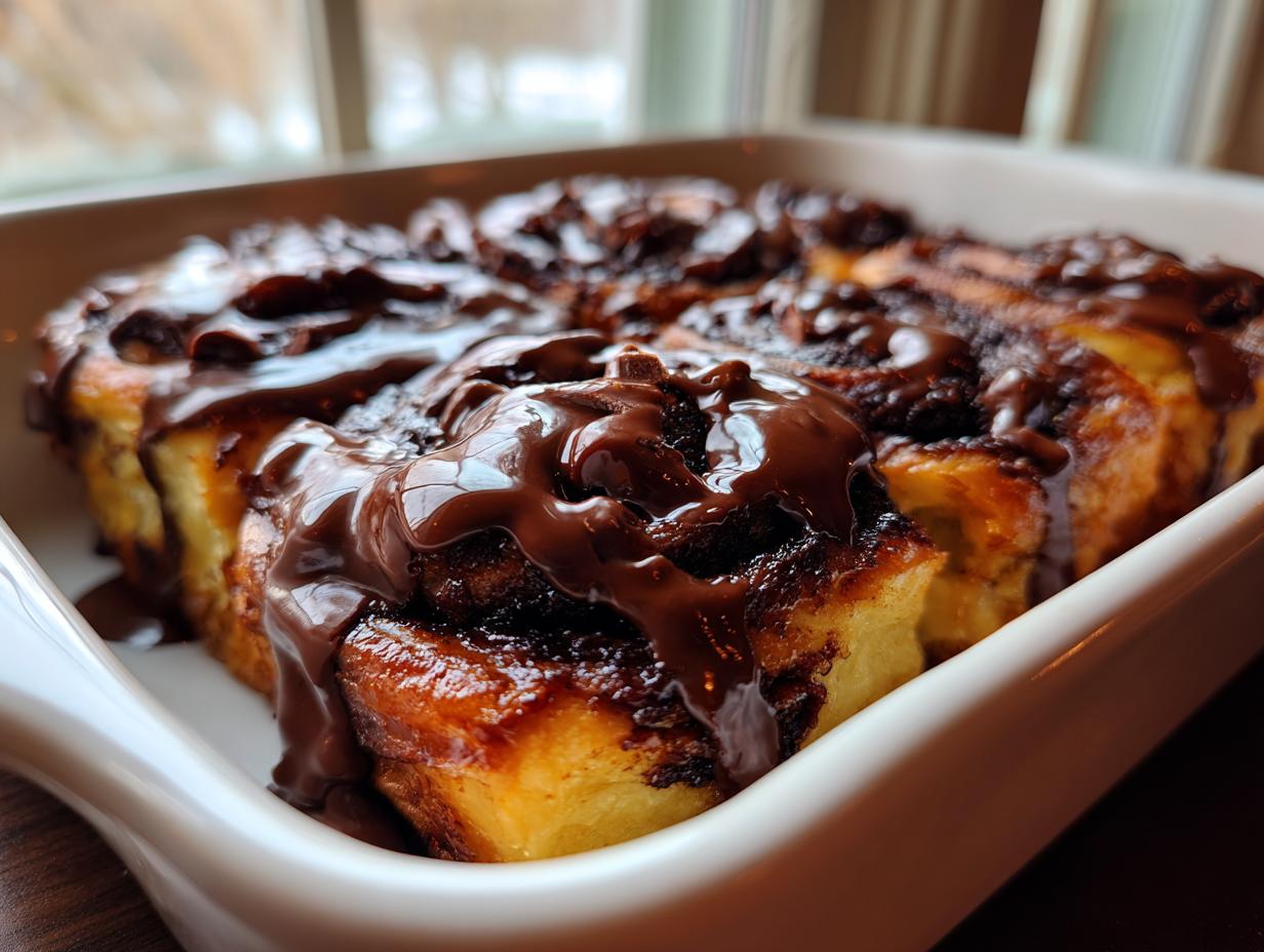 Close-up of freshly baked chocolate cinnamon rolls smothered in thick, glossy chocolate glaze in a white baking dish.