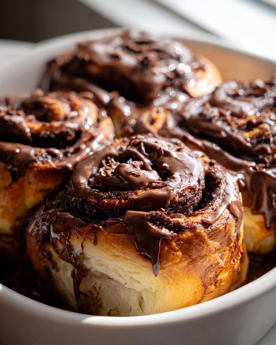 Close-up of freshly baked chocolate cinnamon rolls covered in thick, glossy chocolate glaze and sprinkles.